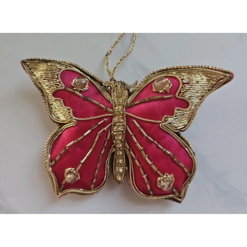 Vtg Butterfly Christmas Ornaments Decorative Pink‎ Gold Thread Beaded Set Of 2